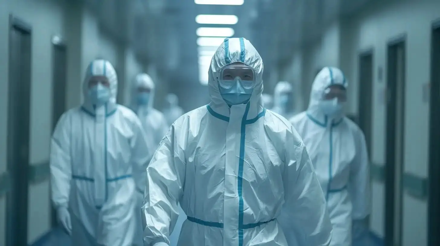 Our technicians in full PPE gear walking a hospital corridor